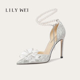 Lily Wei【花嫁】水晶高跟鞋女珍珠带婚鞋网红爆款不累脚凉鞋18岁成年礼 银色格利特【跟高10cm】 37