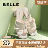 百丽（Belle）简约一字拖女商场同款编织休闲拖鞋A8Z1DBT4 米白-粗跟款 37 (235mm)