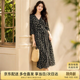 尚都比拉度假风碎花连衣裙女夏天V领气质中长裙收腰A字雪纺裙子 黑花 S