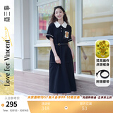 两三事梵高文艺 梵花遗梦 2026夏季新款印花布拼接撞色翻领连衣裙 黑色 S