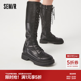 Semir官方正品切尔西靴女靴春秋季新款骑士靴增高显瘦长筒系带弹力靴女 黑色 38