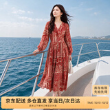 尚都比拉春秋中长款印花红色连衣裙气质女神范显瘦度假裙子 红花 S 