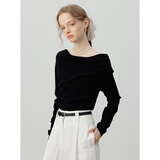 EGGKA法式荡领一字肩收腰针织衫女春秋新款通勤百搭温柔气质长袖上衣 黑色E24B5134AF L