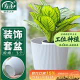 寿禾花盆套盆储水防漏水无托盘塑料盆 浅灰花纹装饰盆(底部无孔)3个装