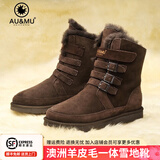 AU&MU澳洲红色雪地靴女冬季羊皮毛一体男女靴保暖加绒防滑大码户外棉鞋 巧克力色 【男女款】【羊皮毛一体】310 37 U6