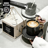 古莜轻奢咖啡杯陶瓷咖啡杯碟套装茶具杯子水杯银边杯子单杯碟勺 金边杯碟勺【深灰色】礼盒装
