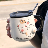 品喻（PINYU）杯子马克杯咖啡杯陶瓷杯高颜值水杯家用生日礼物带盖勺冲泡杯黄猫