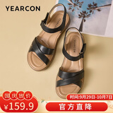 意尔康皮鞋女软底坡跟平底鞋中年妈妈魔术贴皮凉鞋 18075W 黑色 35