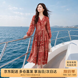 尚都比拉春秋中长款印花红色连衣裙气质女神范显瘦度假裙子 红花 L 