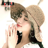 斯普琳遮阳帽子女夏天韩版潮海边防晒帽可折叠太阳帽渔夫帽大沿草帽编织 森女系卡其