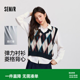 森马（Semir）长袖衬衫女冬季菱形格V领短背心易打理衬衣俏皮学院风两件套 蓝红色调00386 M