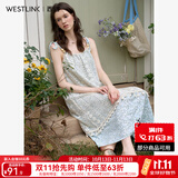 西遇法式吊带连衣裙女新款a字大裙摆海边度假碎花长裙 米白色 M （160）
