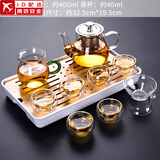正扬玻璃茶具套装家用日式功夫简约整套茶盘小办公泡茶壶茶杯透明过滤 400不锈钢(六双层)套装+长方条白