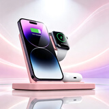 墨一 无线充电器快充 适用苹果iphone16/15/14 pro三星手机iwatch手表耳机四合一桌面立式无线充电站 【少女粉】三合一｜多角度调节