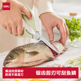 得力（deli）厨房专用剪刀家用剪刀不锈钢刮鱼鳞辅食剪食品剪骨头宿舍多功能实用195mm刮鱼鳞锯齿刀 TJ31绿色