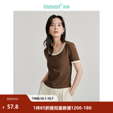 茵曼（INMAN）撞色罗纹棉女装U领短袖T恤修身气质通勤2026夏季新款短款上衣 深咖啡 S