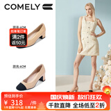 COMELY康莉小香风单鞋女春夏季新款拼接羊皮法式粗跟通勤百搭高跟鞋鞋子 粉杏色（跟高6CM) 38