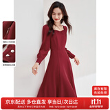 尚都比拉新年红高级感长袖连衣裙女春秋气质方领中长款内搭打底赫本风裙子