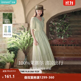 茵曼（INMAN）法式薄荷曼波连衣裙2024夏女装新品V领灯笼袖抽绳 水沫绿 S