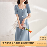 尚都比拉短袖连衣裙女夏季复古赫本风气质通勤裙子中长款A字裙 灰蓝色 S