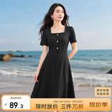 尚都比拉短袖连衣裙女夏季复古赫本风气质通勤裙子中长款A字裙 雅黑色 S