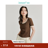 茵曼（INMAN）撞色罗纹棉女装U领短袖T恤修身气质通勤2026夏季新款短款上衣 深咖啡 S