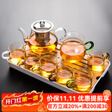 瓷牌茗茶具（cipaiming teaset） 透明玻璃茶具整套套装家用功夫茶壶茶杯会客泡茶器 透明八骏6彩杯+绿柄公杯+小长方