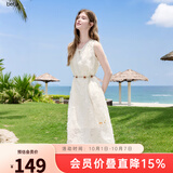 百图betu女装夏季新款连衣裙无袖羽毛流苏背心气质裙子女2506T52 浅杏色 L