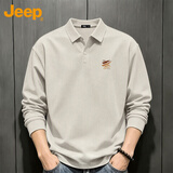 JEEP吉普长袖T恤男春秋翻领polo衫休闲印花宽松打底上衣 米杏   XL