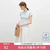 范思蓝恩正肩短袖T恤女2025夏新款修身显瘦设计感圆领上衣2113 蓝色 L