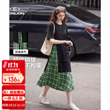 唐狮（TonLion）2026连衣裙女夏季新款拼接格子女短袖T恤长裙