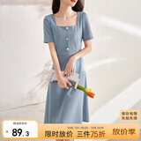 尚都比拉短袖连衣裙女夏季复古赫本风气质通勤裙子中长款A字裙 灰蓝色 S