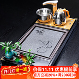 瓷牌茗茶具功夫茶具茶盘实木家用整套四合一电热炉茶台茶托盘排水式仿乌金石 茶花瓶流水器4合1瓷石茶盘全自动