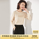 尚都比拉长袖纯棉t恤女春秋宽松显瘦内搭打底衫刺绣上衣 浅杏色 L 