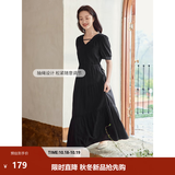 茵曼（INMAN）法式薄荷曼波连衣裙2024夏女装新品V领灯笼袖抽绳 午夜黑 M