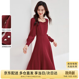 尚都比拉新年红高级感长袖连衣裙女春秋气质方领中长款内搭打底赫本风裙子