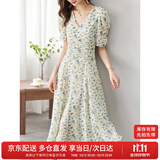 尚都比拉夏季法式碎花连衣裙泡泡袖茶歇裙气质女神范裙子 杏底蓝花 S 
