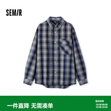 森马（Semir）长袖衬衫男格纹绒感牛仔外套不规则下摆冬季宽松翻领上衣时尚 蓝灰色调00482 XL