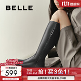 百丽（Belle）复古时髦牛皮骑士靴女商场同款显瘦长筒靴3NF73DG4 黑色 36 (230mm)