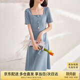 尚都比拉短袖连衣裙女夏季复古赫本风气质通勤裙子中长款A字裙 灰蓝色 S