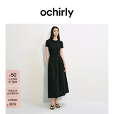 欧时力（OCHIRLY）立体褶皱短袖连衣裙女2026春新款收腰A字长裙 黑色 -独家定染面料 M