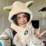 帝行（DIXING）小羊帽子女秋冬渔夫帽可爱冬季毛绒耳朵毛茸茸月子保暖羊了个羊帽 米色【帽子围巾一体】