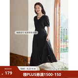茵曼（INMAN）法式薄荷曼波连衣裙2024夏女装新品V领灯笼袖抽绳 午夜黑 S