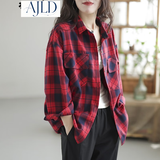 AJLD格子衬衫女春款韩版休闲翻领厚实格纹棉质衬衣女宽松长袖开衫上衣 红色格子 均码 建议体重110-155斤左右