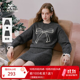 香影灰色针织套装女春2026新款蝴蝶结毛衣短裙新年暖衣一整套穿搭 深灰 S