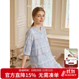 秋鹿睡衣女春夏梭织纯棉格纹七分袖薄款格子休闲可外穿家居服套装 浅兰 2XL