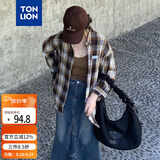 唐狮（TonLion）秋冬女左胸小标格子翻领长袖衬衫百搭时尚潮流韩系松弛