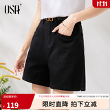 欧莎（OSA）抗菌凉感牛仔短裤女士夏季新款显瘦高腰清凉侧边小开叉微阔腿裤子 黑色 S