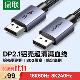 绿联DP2.1满血线80G 16K高清DisplayPort视频线1.5米 8K/4K240Hz 2K540Hz适用电脑显卡接显示器兼容1.4