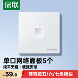 绿联网线网口网络面板 通用超五/六/七类模块加厚86型面板 适用电话电脑房间网络插座 单口5个装 80181